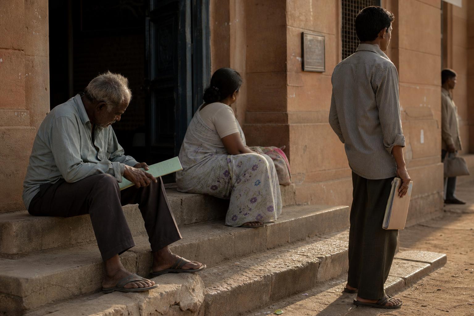 People waiting outside a district court with their files